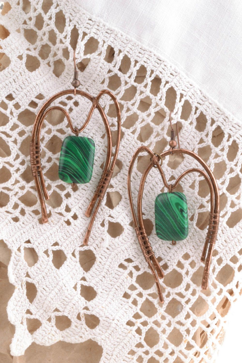 Large copper earrings with malachite stone photo 4
