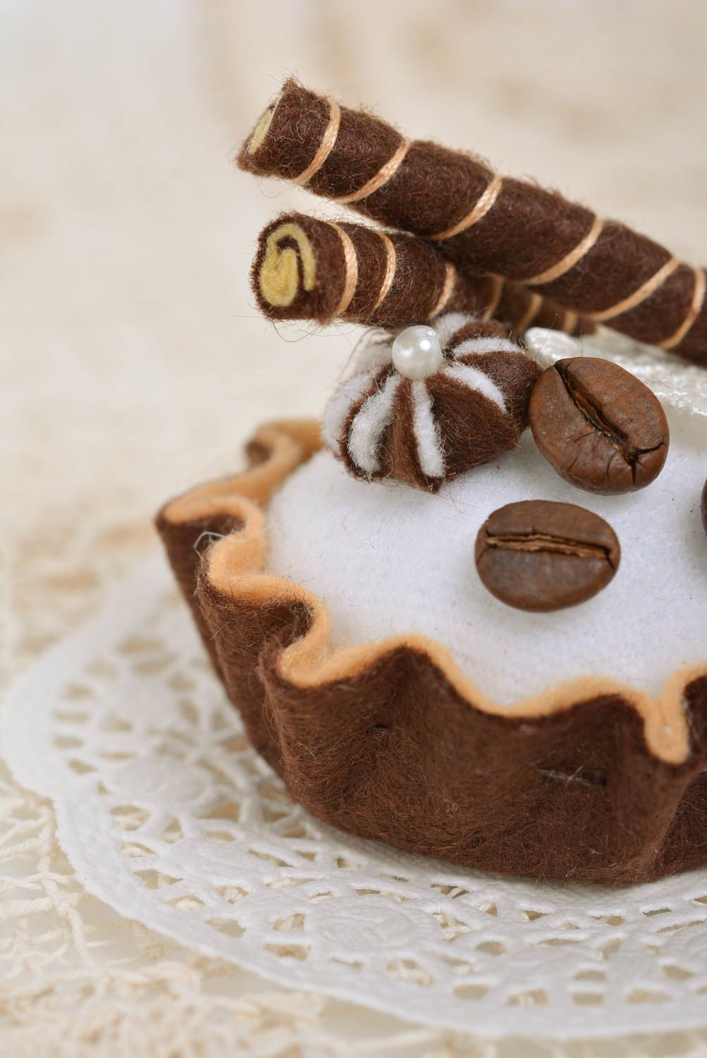Handmade designer decorative felt pincushion in the shape of chocolate cake photo 4
