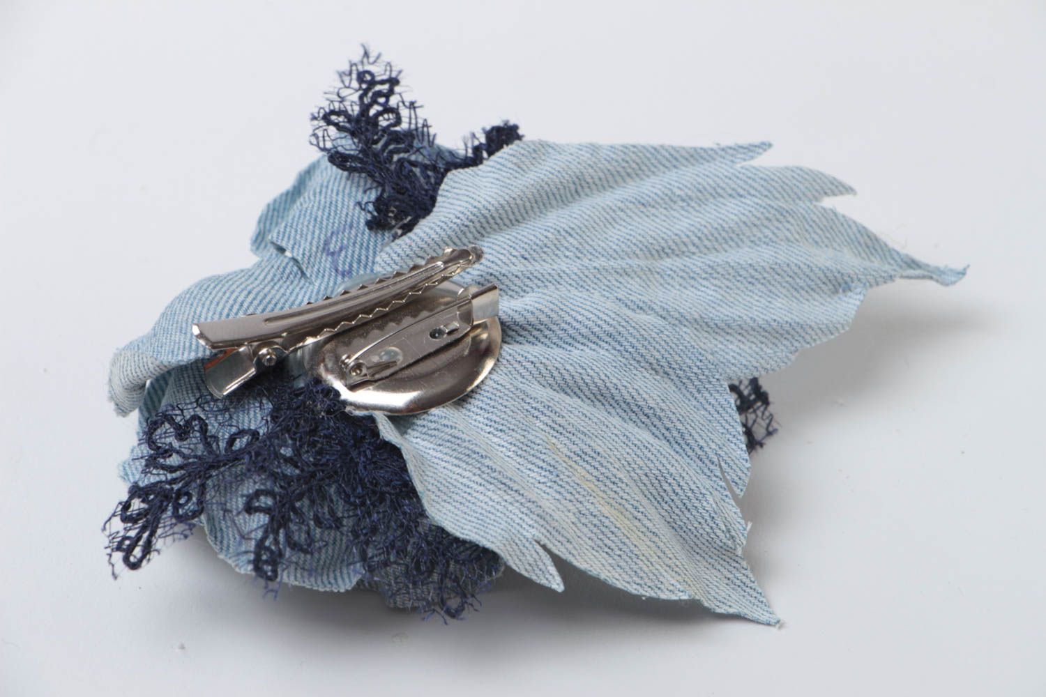 Beautiful large handmade denim fabric flower brooch hair clip blue photo 4
