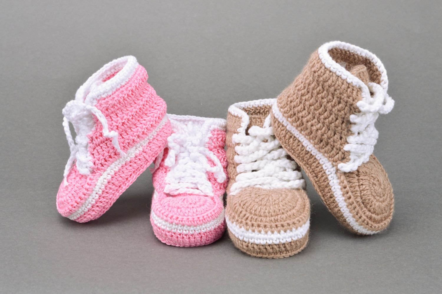 Set of handmade crocheted baby booties made of acrylic yarns brown and pink 2 piece photo 5