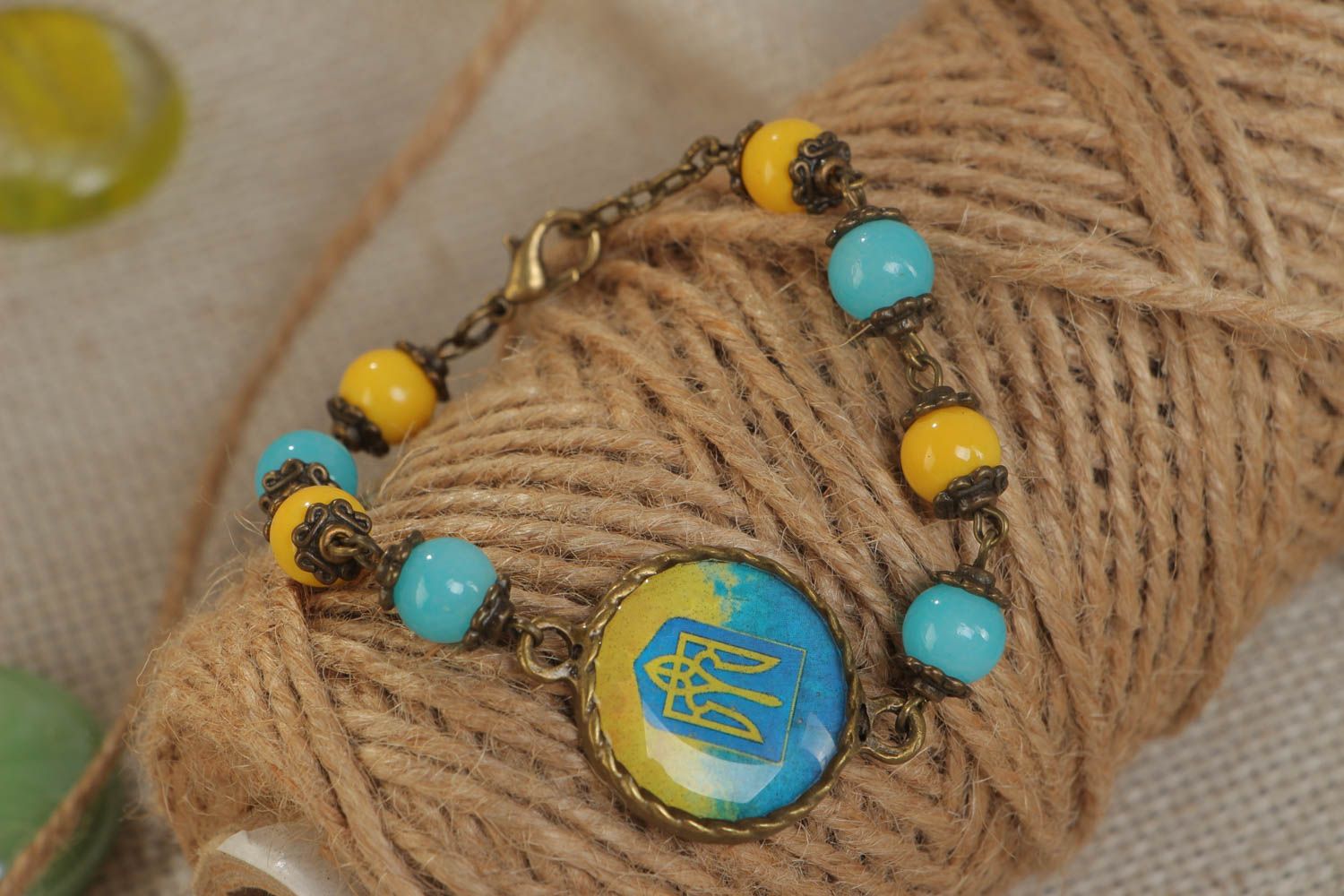 Handmade blue and yellow bright glass glaze wrist bracelet in Ukrainian style photo 1