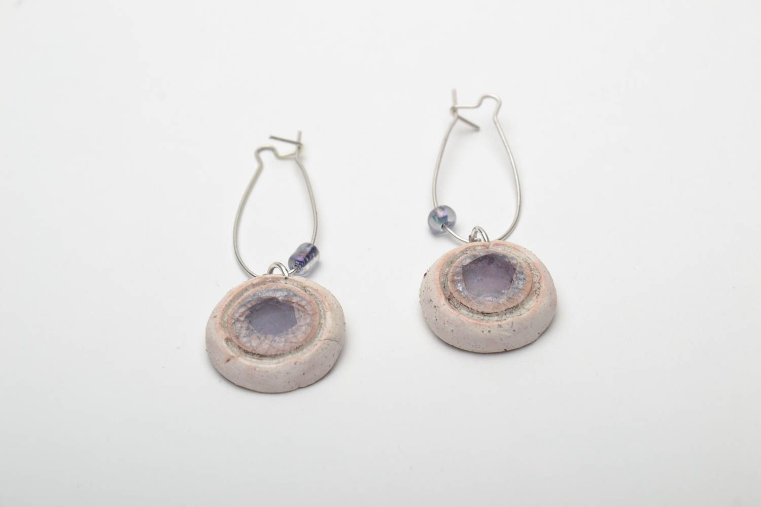 Round ceramic earrings with colorful glass Violet photo 2