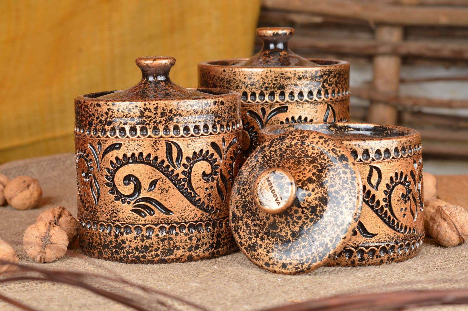 A set of ceramic containers with ornament in ethnic style 3 pieces photo 1