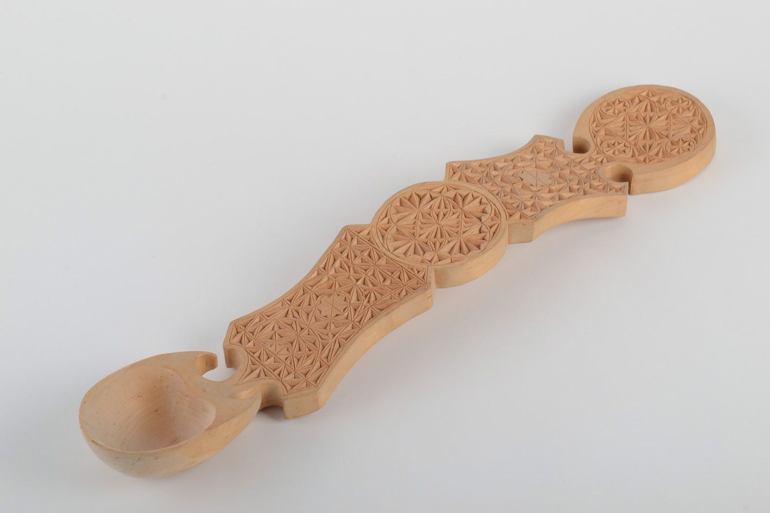 Handmade wall hanging spoon with fancy carved ornaments and varnish coating  photo 2