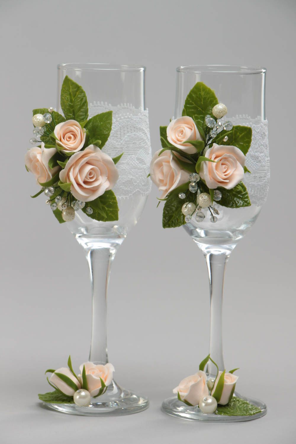 Unusual beautiful handmade designer wedding glasses with molded roses 2 pieces photo 2