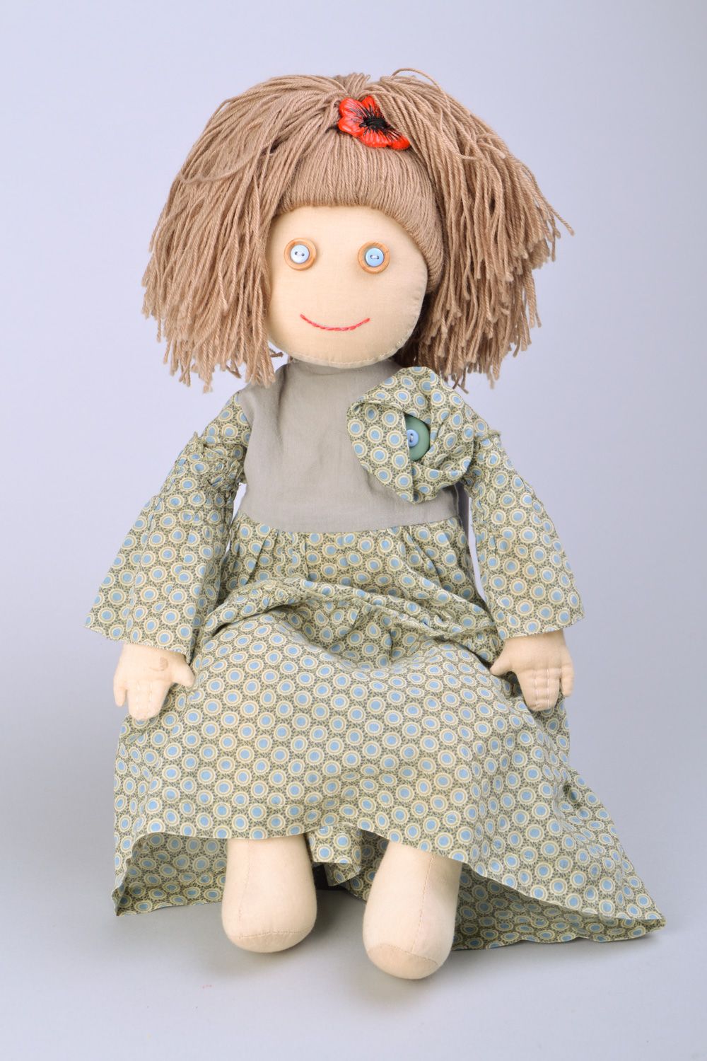 Handmade designer soft doll sewn of cotton fabric with volume hair Agata  photo 1