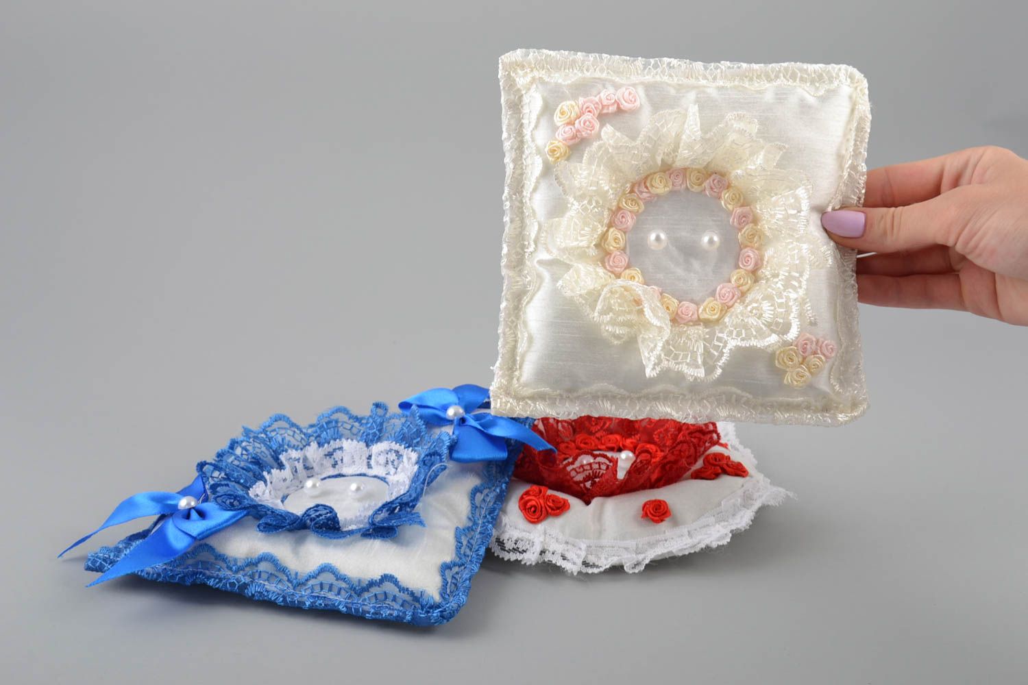 Originelles feines handgemachtes Ringkissen Set für die Hochzeit bunte Blumen foto 5