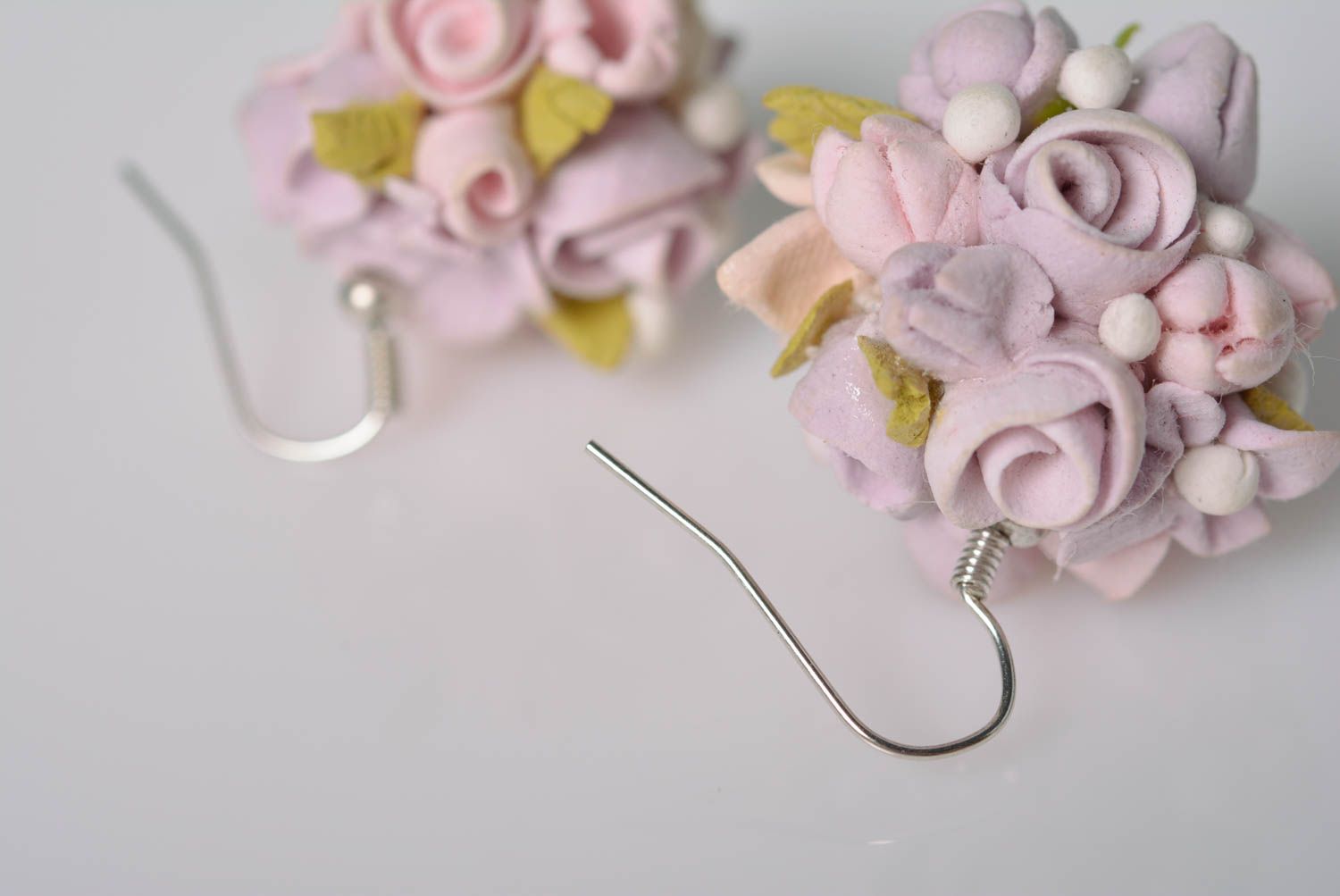 Handmade designer's earrings of polymer clay with lilac flowers photo 5