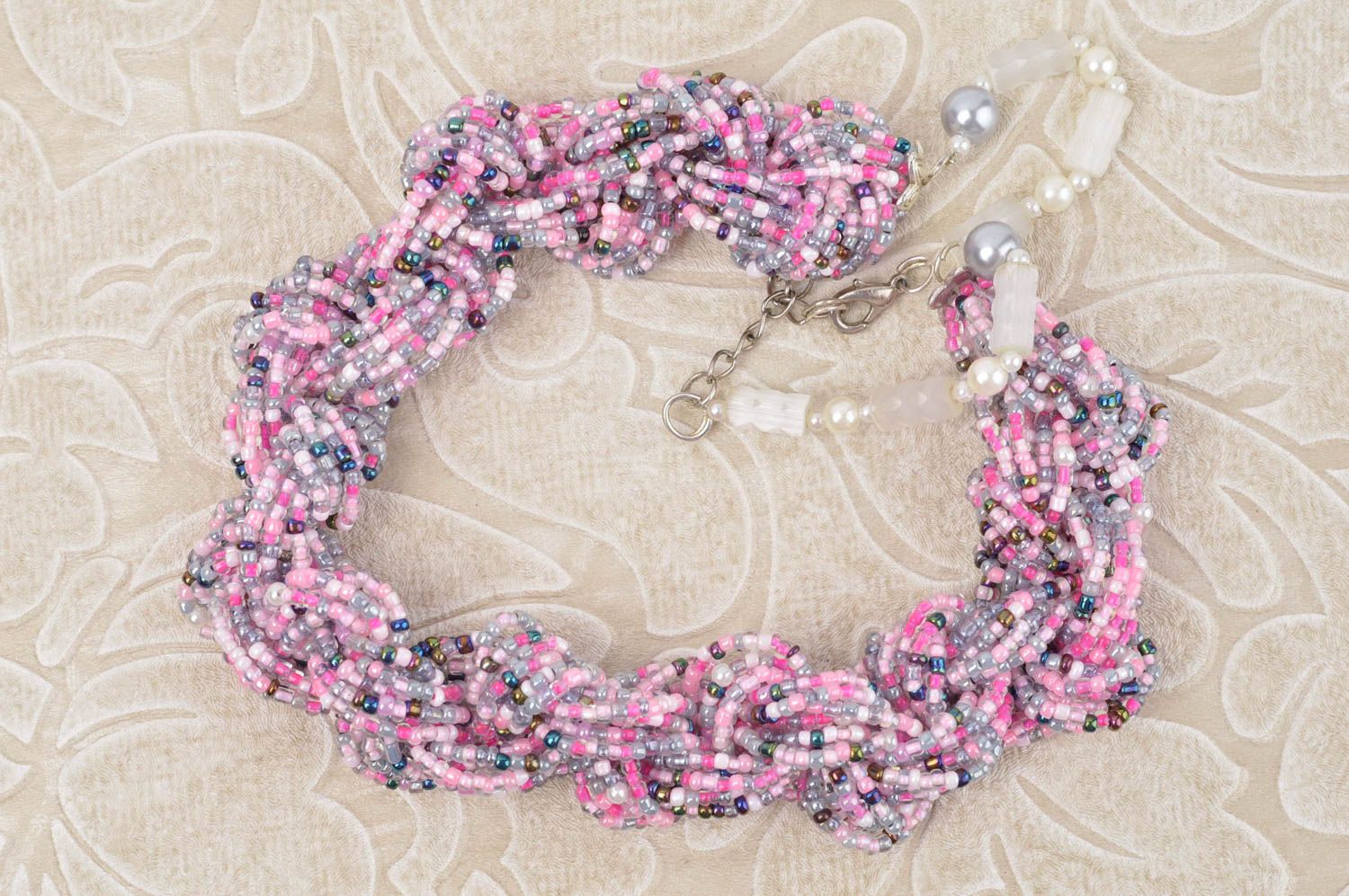 Колье из бисера украшение ручной работы ожерелье из бисера розовое нарядное фото 1
