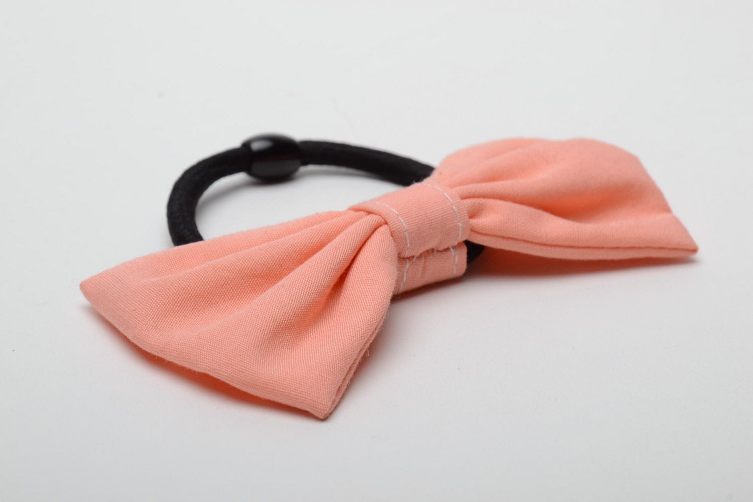Handmade small women's cotton fabric bow hair tie of peach color photo 4