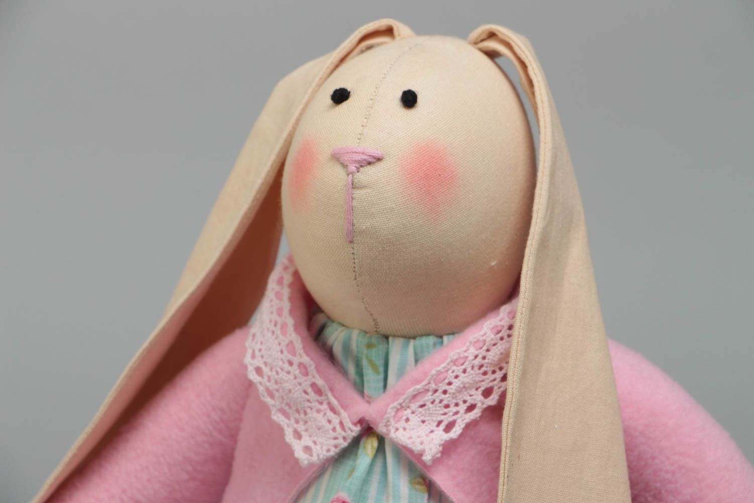 Handmade designer cotton fabric soft toy rabbit girl in dress and pink jacket photo 3