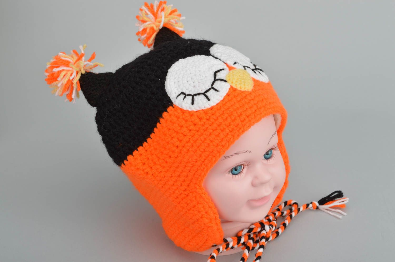 Handmade cute crocheted cap in shape of sleeping owl accessory for kids photo 5