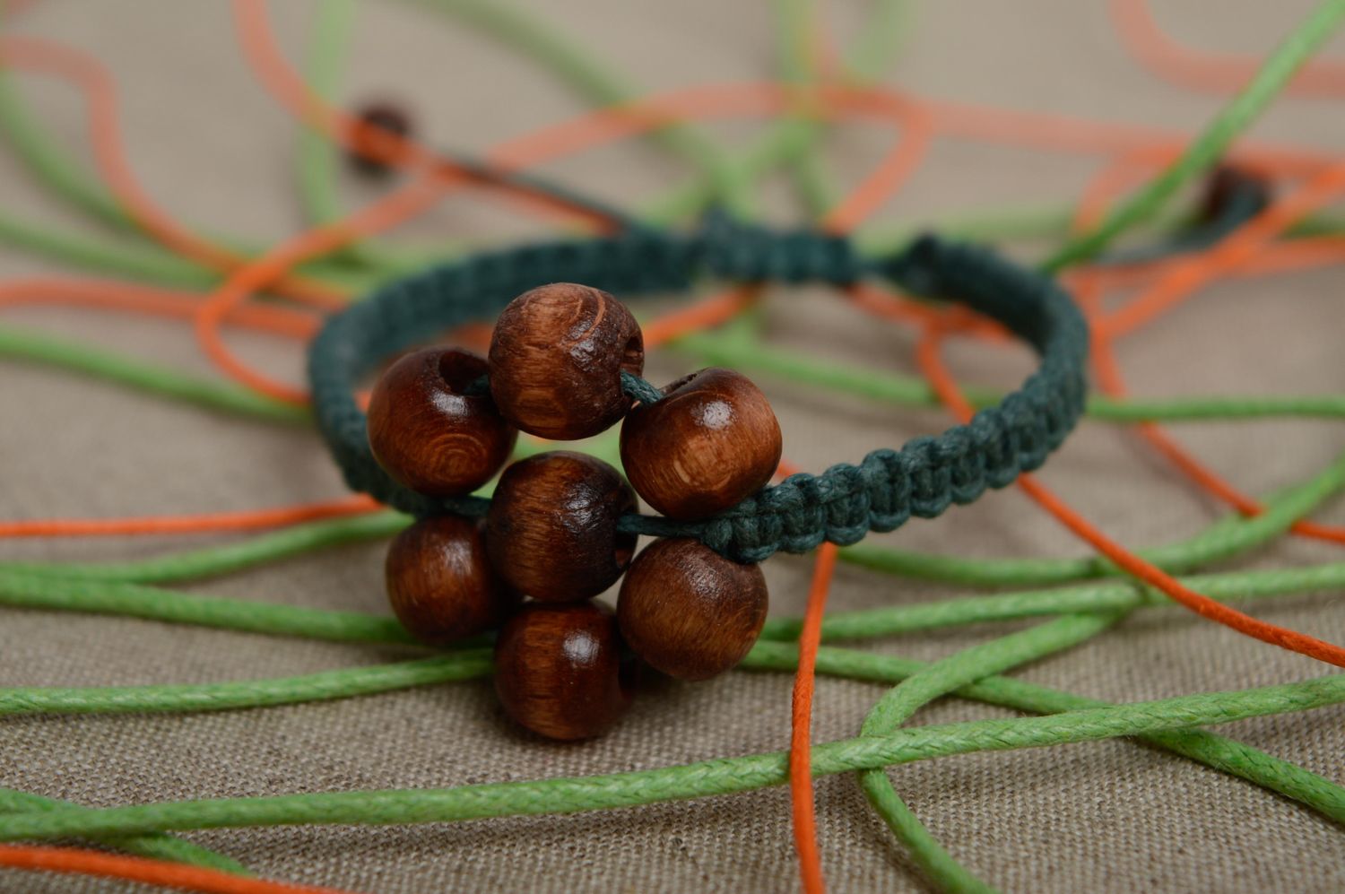 Macrame waxed cord bracelet with wooden beads photo 2
