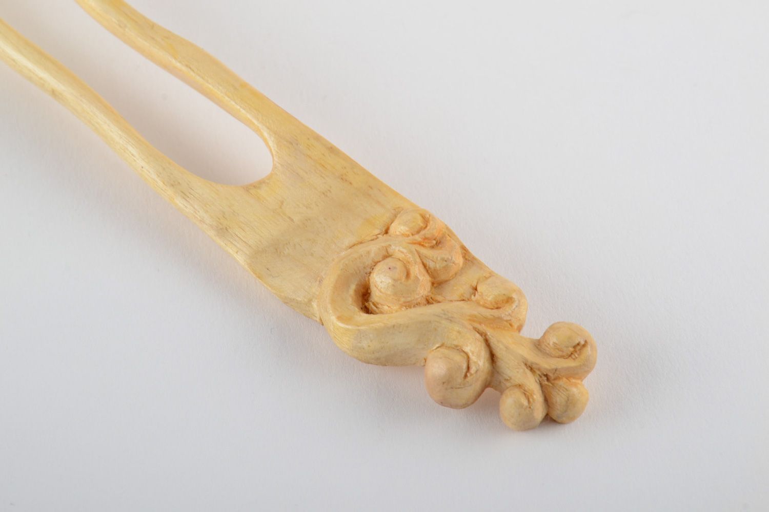 Light carved wooden hair pin with laconic design in ethnic style handmade photo 3