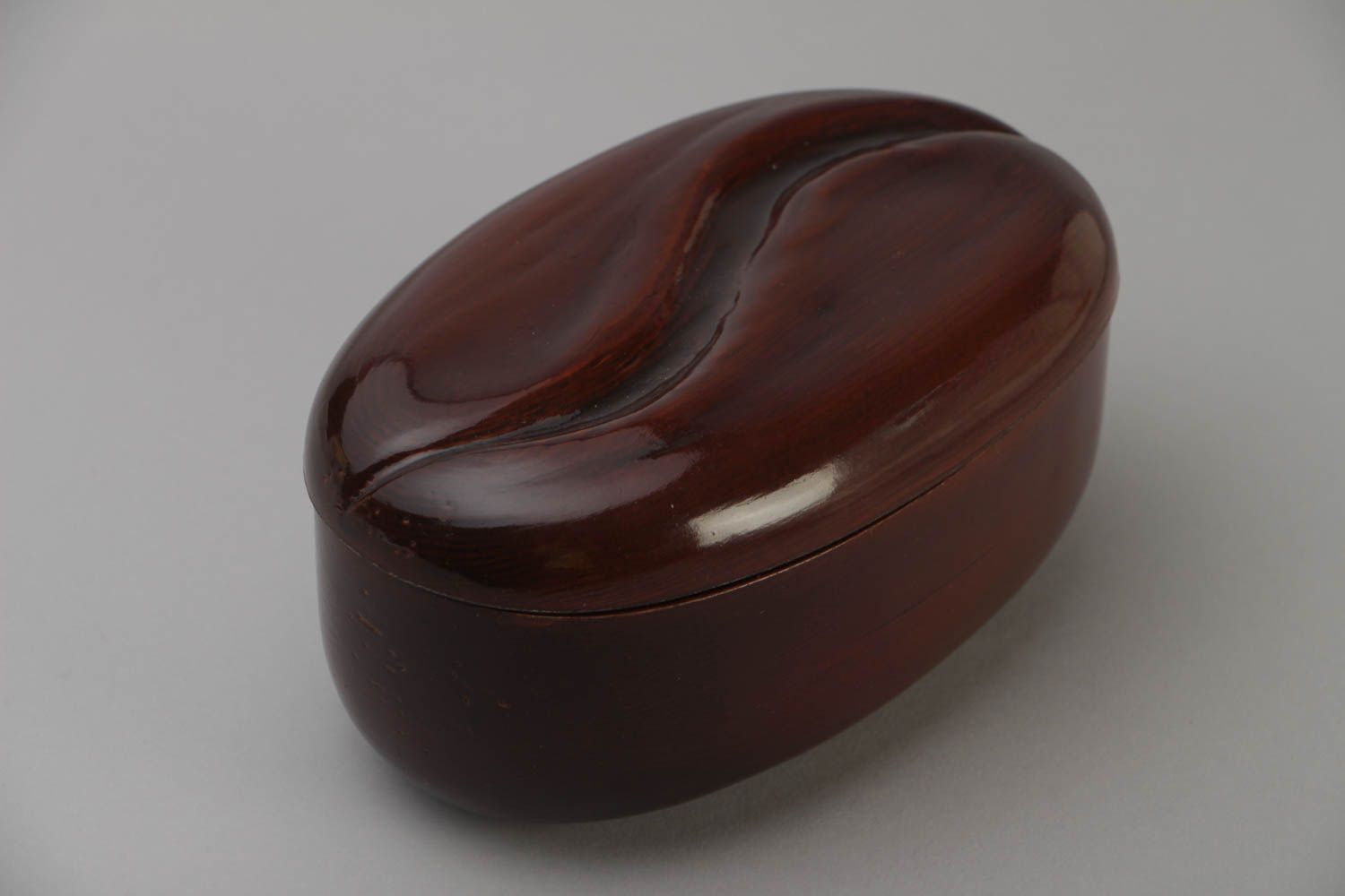 Dark glossing handmade carved wooden jewelry box in the shape of coffee grain photo 2