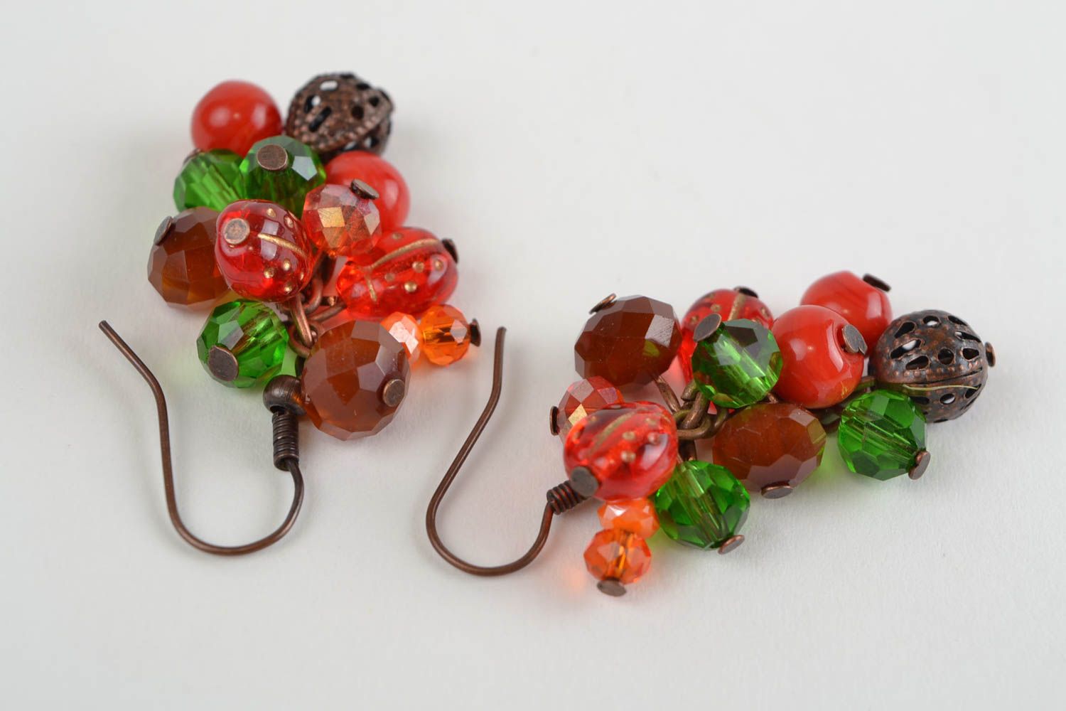 Handmade designer long dangling earrings with jadeite and red glass beads photo 4