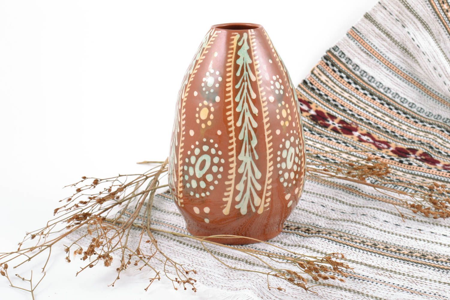 Handmade decorative table vase made of clay and painted in ethnic style  photo 1