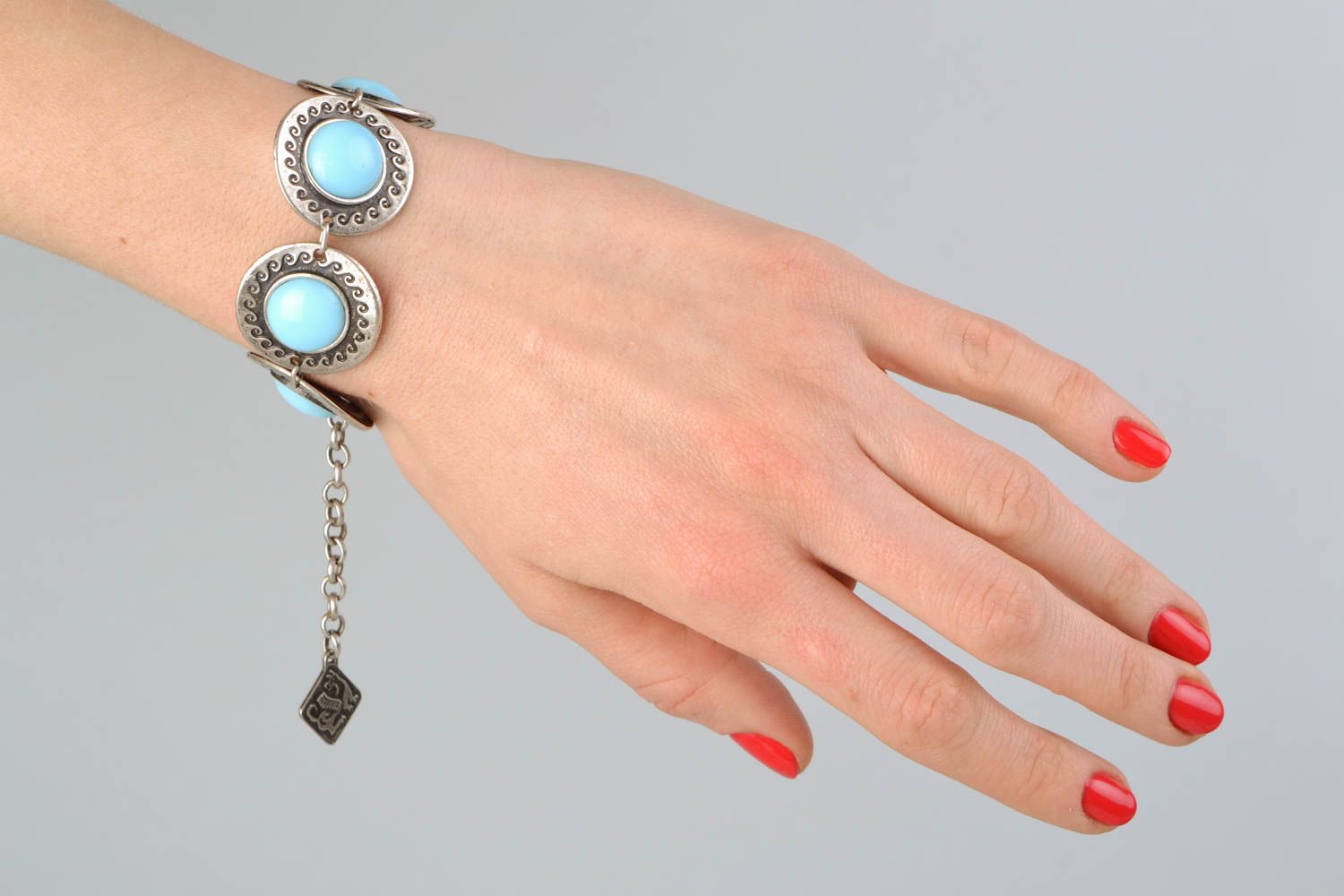 Handmade metal wrist bracelet with blue cabochons  photo 2