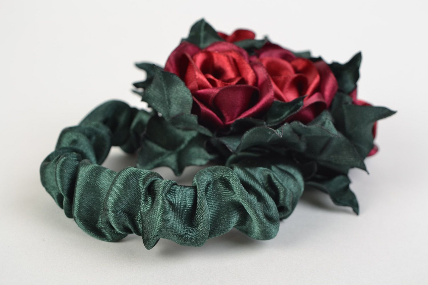 Dark red and green handmade volume fabric flower hair tie photo 3