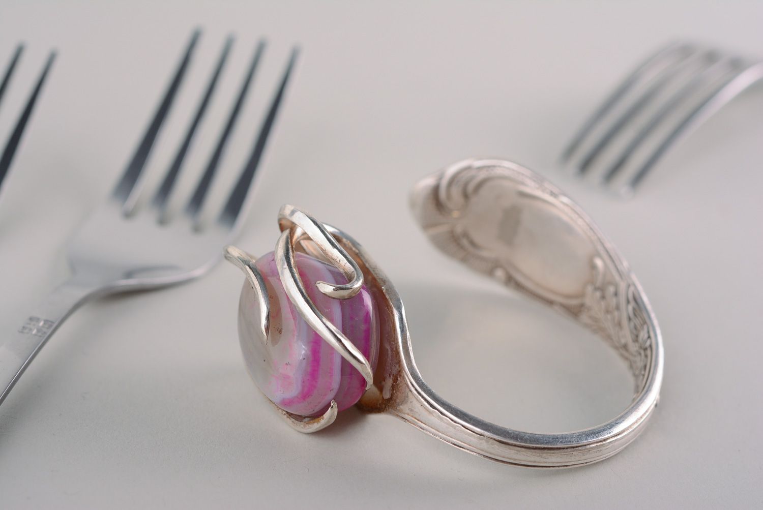 Beautiful handmade metal fork bracelet with natural stone photo 1