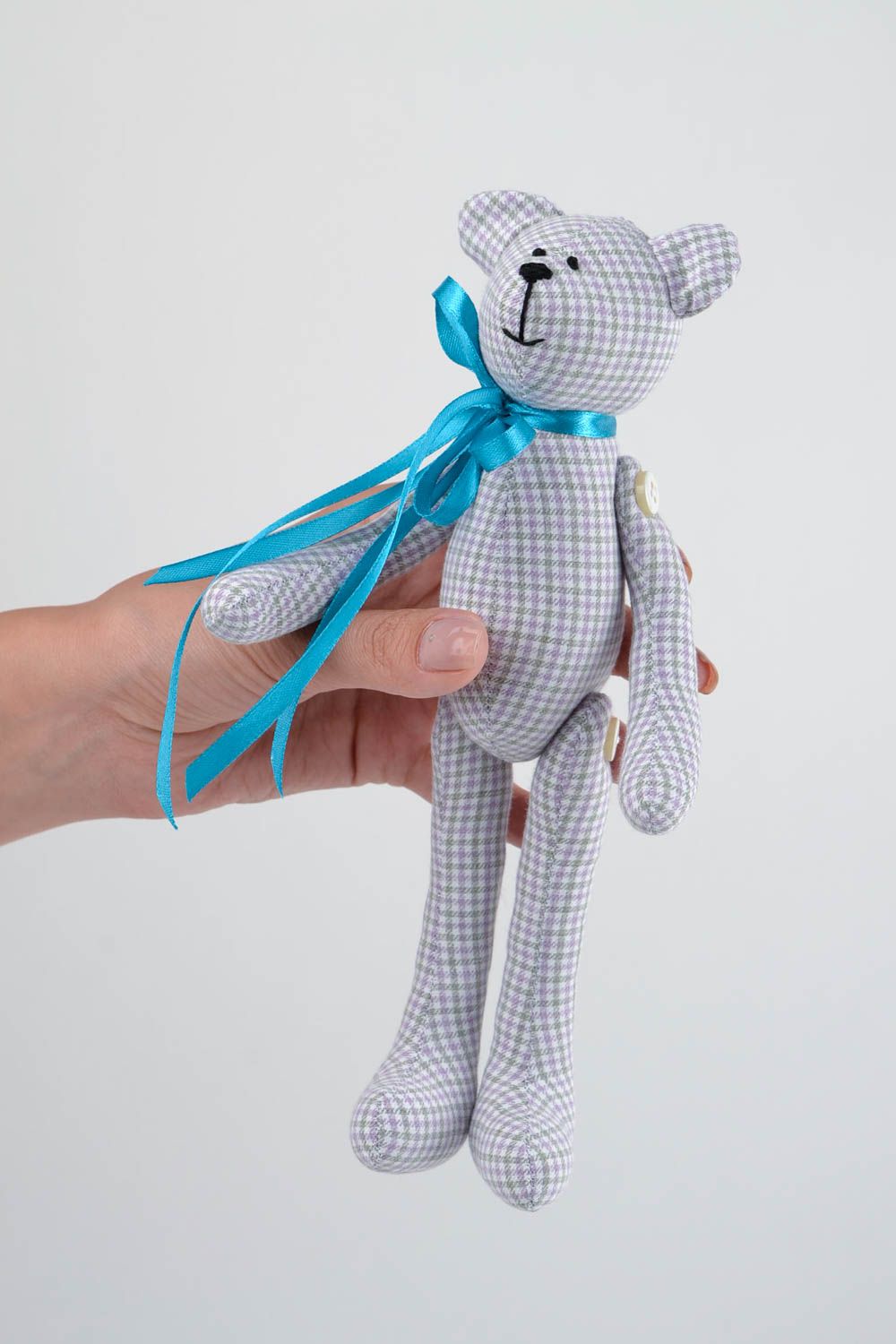 Peluche ours Jouet enfant fait main blanc à carreaux cousu coton Cadeau original photo 2
