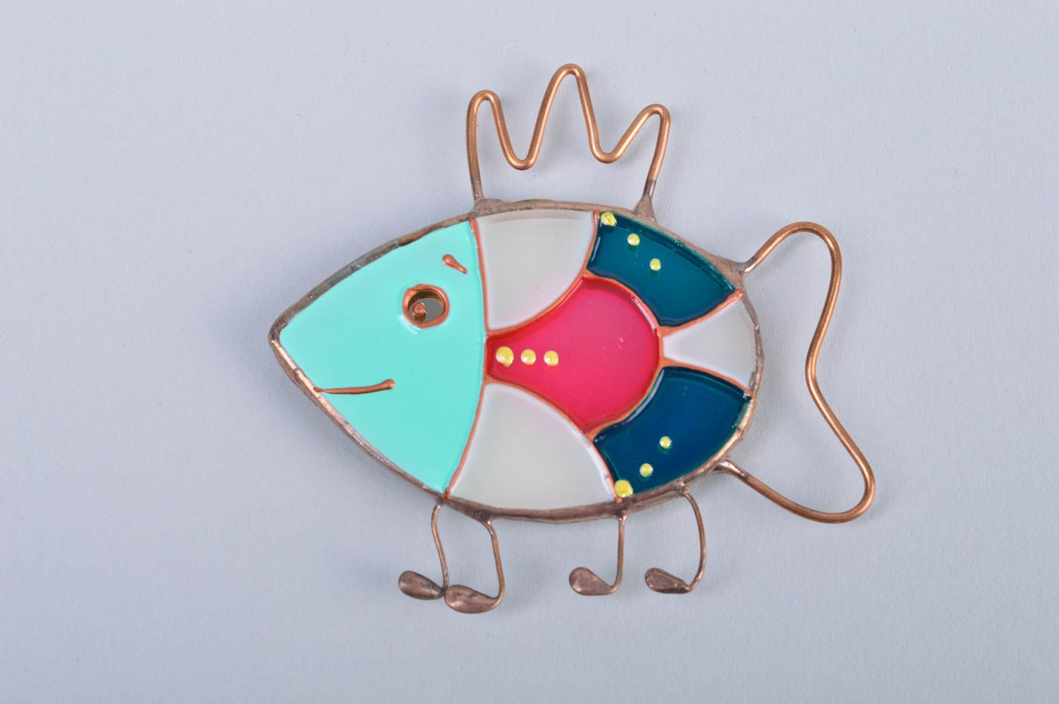 Handmade cute designer decorative stained glass fridge magnet colorful fish  photo 2
