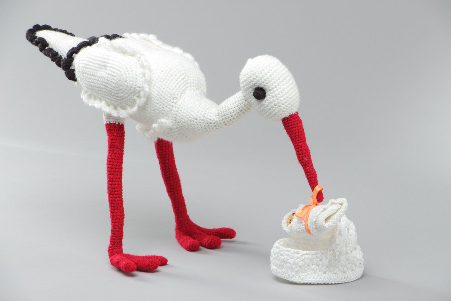Handmade crochet soft toy for childbirth Stork with Baby photo 2