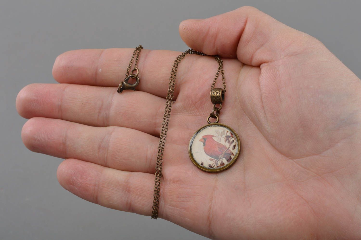 Unusual beautiful handmade designer decoupage neck pendant with long chain Bird photo 4