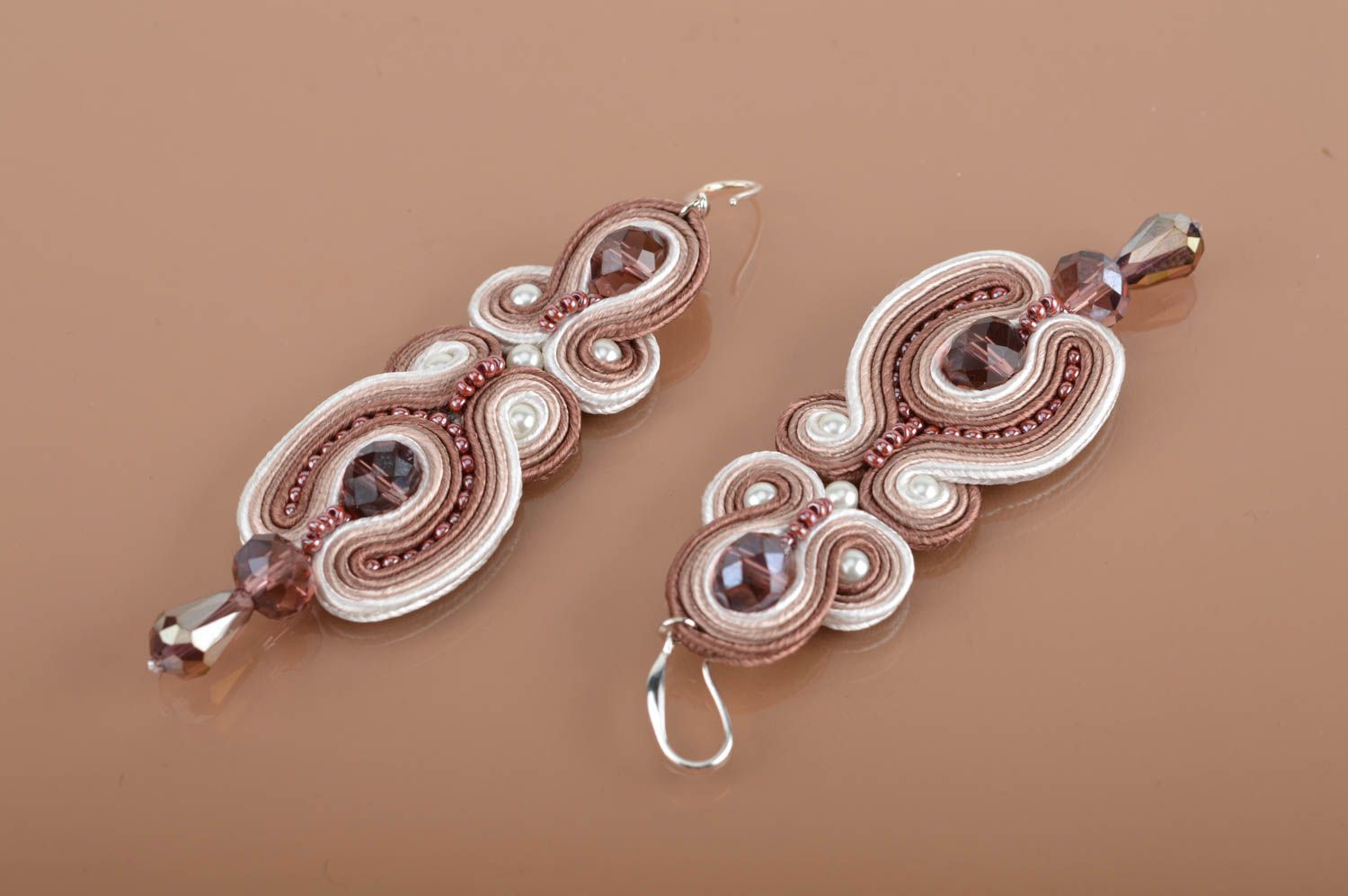 Beautiful handmade long soutache earrings with beads and crystals photo 5