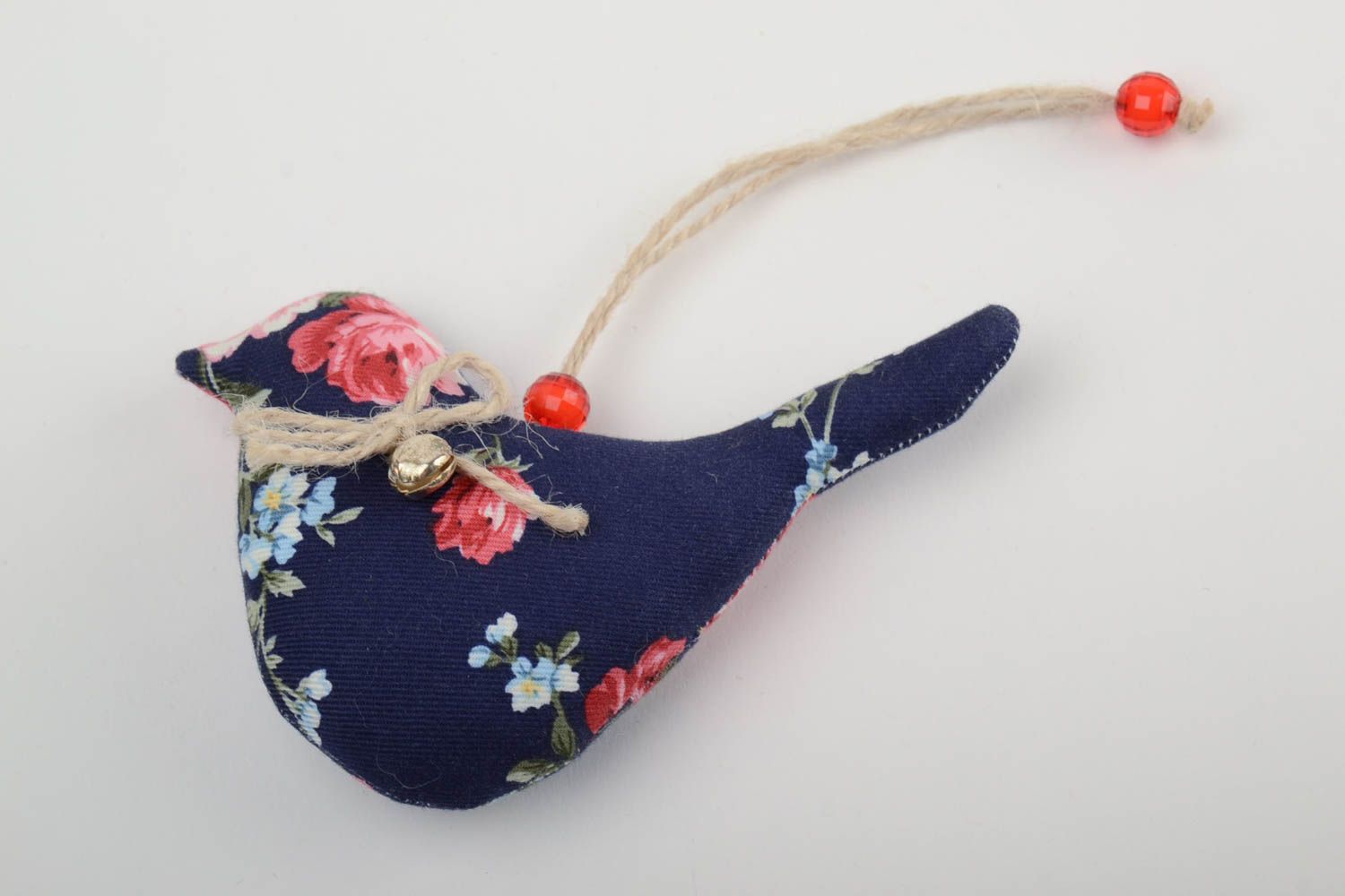 Dark handmade designer cotton dabric soft interior pendant toy bird with bead photo 2
