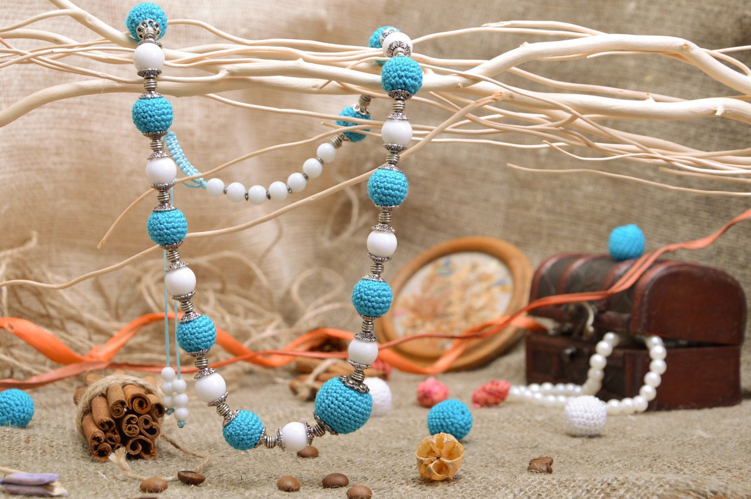 Handmade designer women's white and blue necklace with crochet over beads photo 3