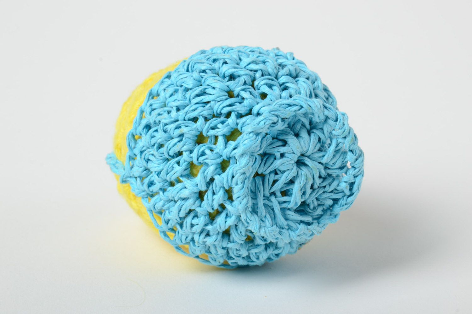 Handmade decorative wooden Easter egg crochet over with yellow and blue threads photo 4