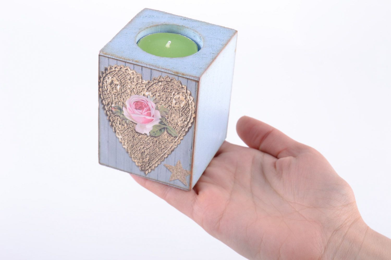 Handgemachter Teelichthalter aus Holz mit Bild von Herz und Rose in Decoupage Technik foto 2