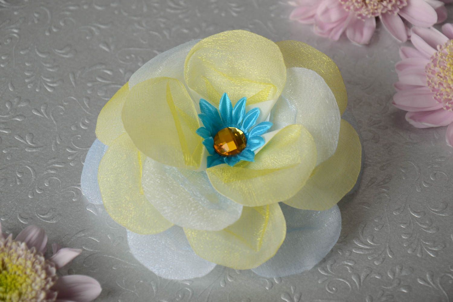 Designer hair clip with homemade volume organza fabric kanzashi flower photo 1