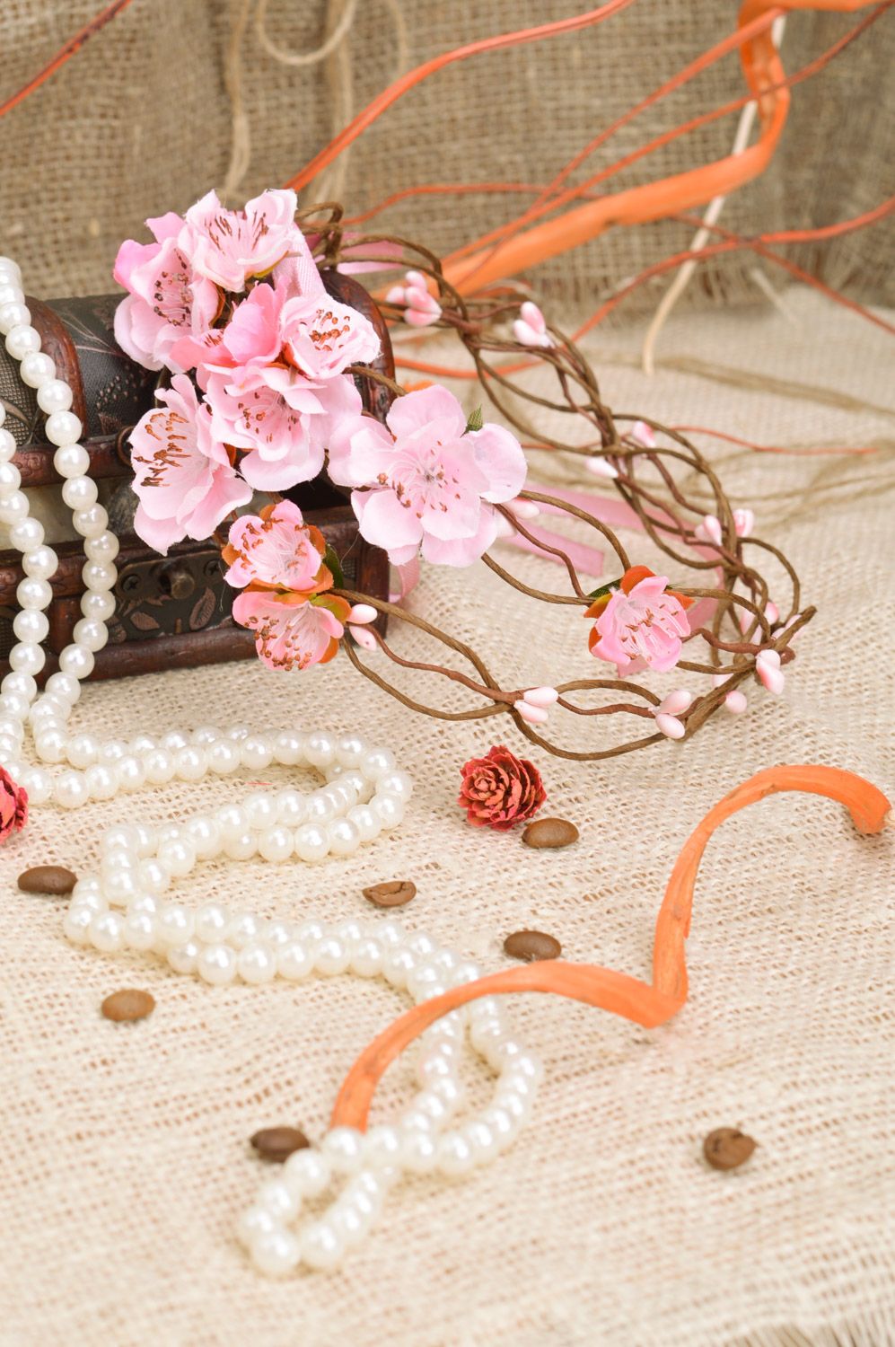 Serre-tête avec fleurs artificielles roses et ruban accessoire original fait main photo 1