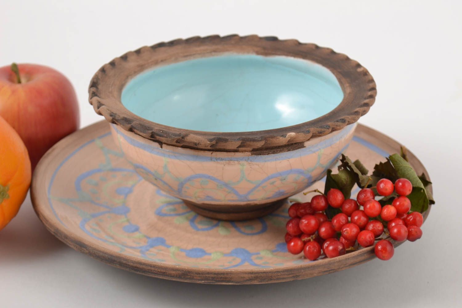 Экологическая посуда ручной работы красивая тарелка глубокая миска глиняные фото 1