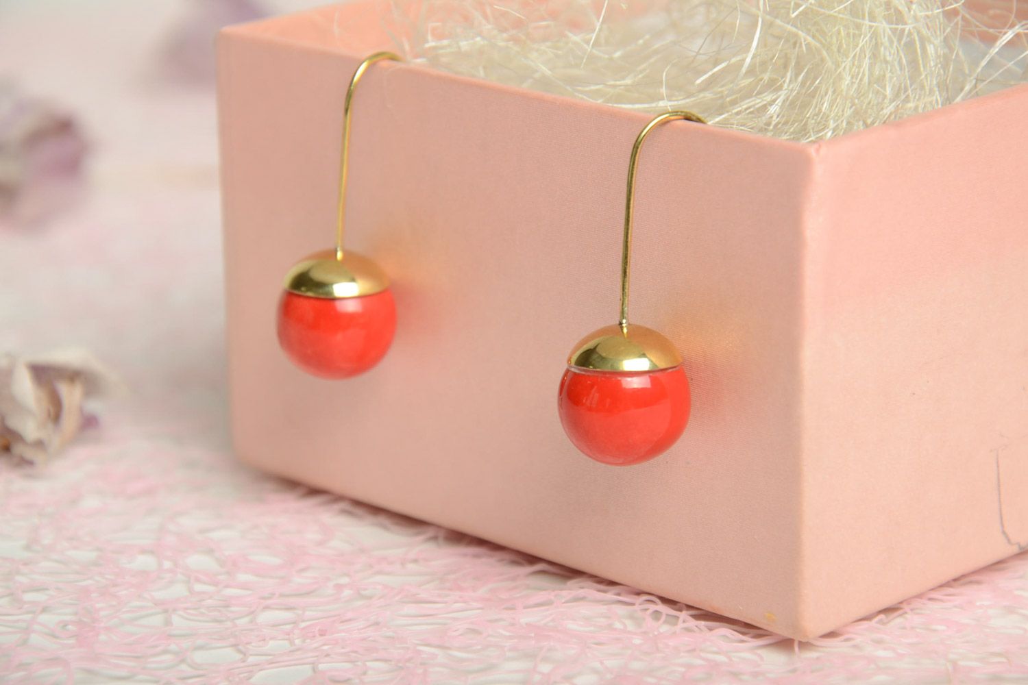 Handmade red ceramic earrings with brass frame and long ear wires photo 1