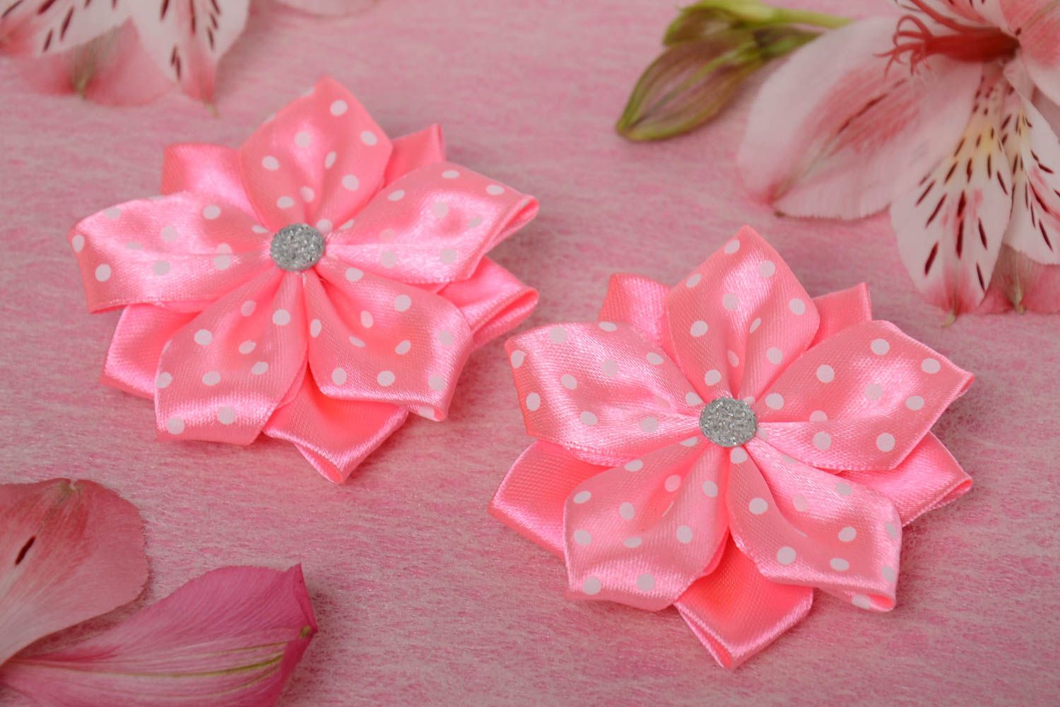 Beautiful children's handmade pink satin ribbon flower hair clips 2 pieces photo 1