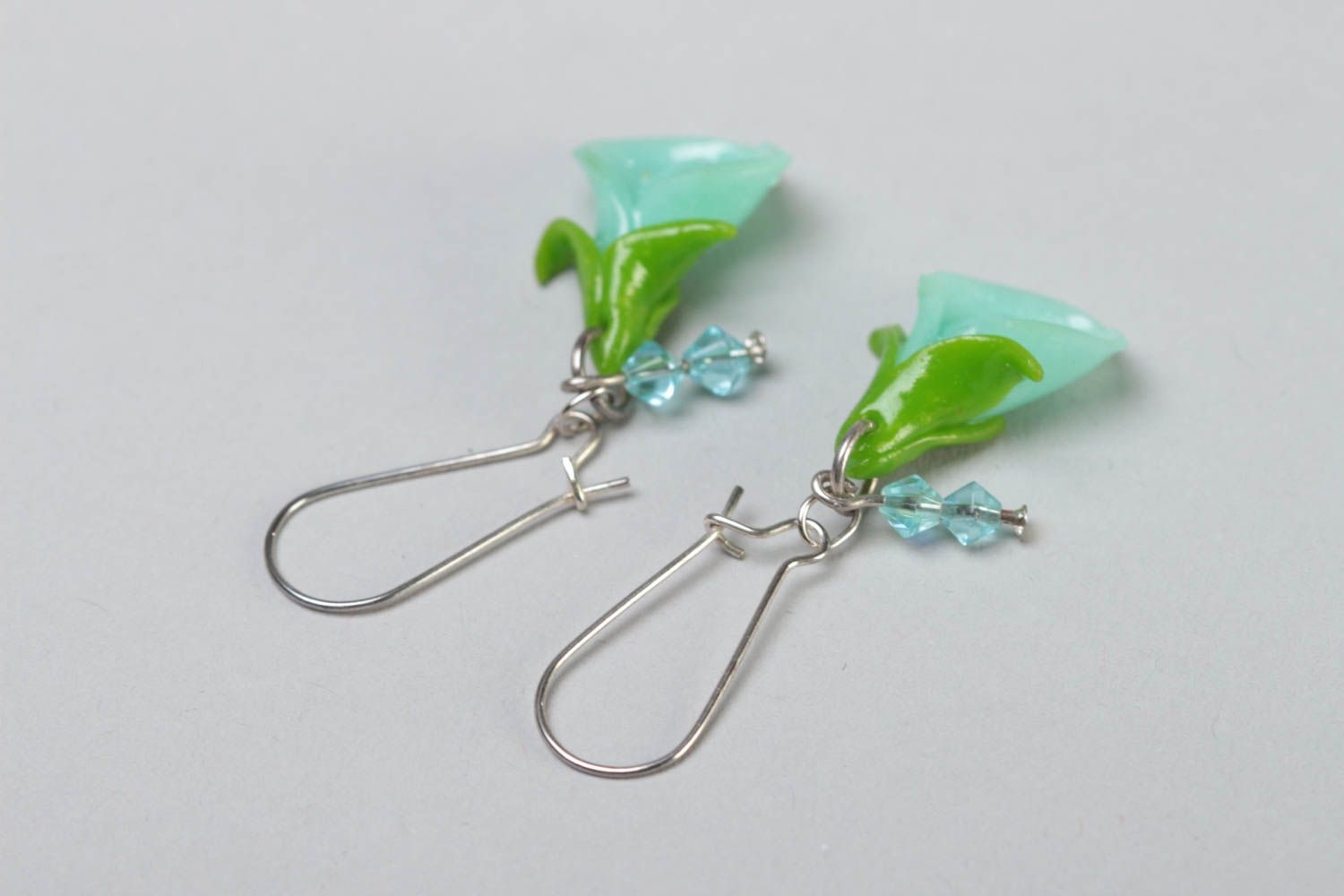 Handmade summer dangling earrings with polymer clay flowers of mint color shade photo 4