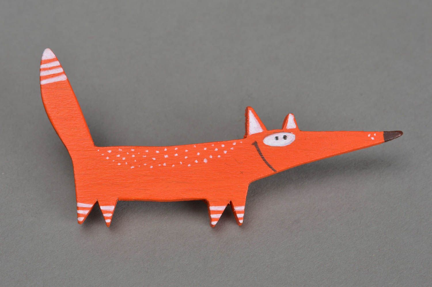 Handmade designer small wooden painted funny animal brooch long orange fox photo 1