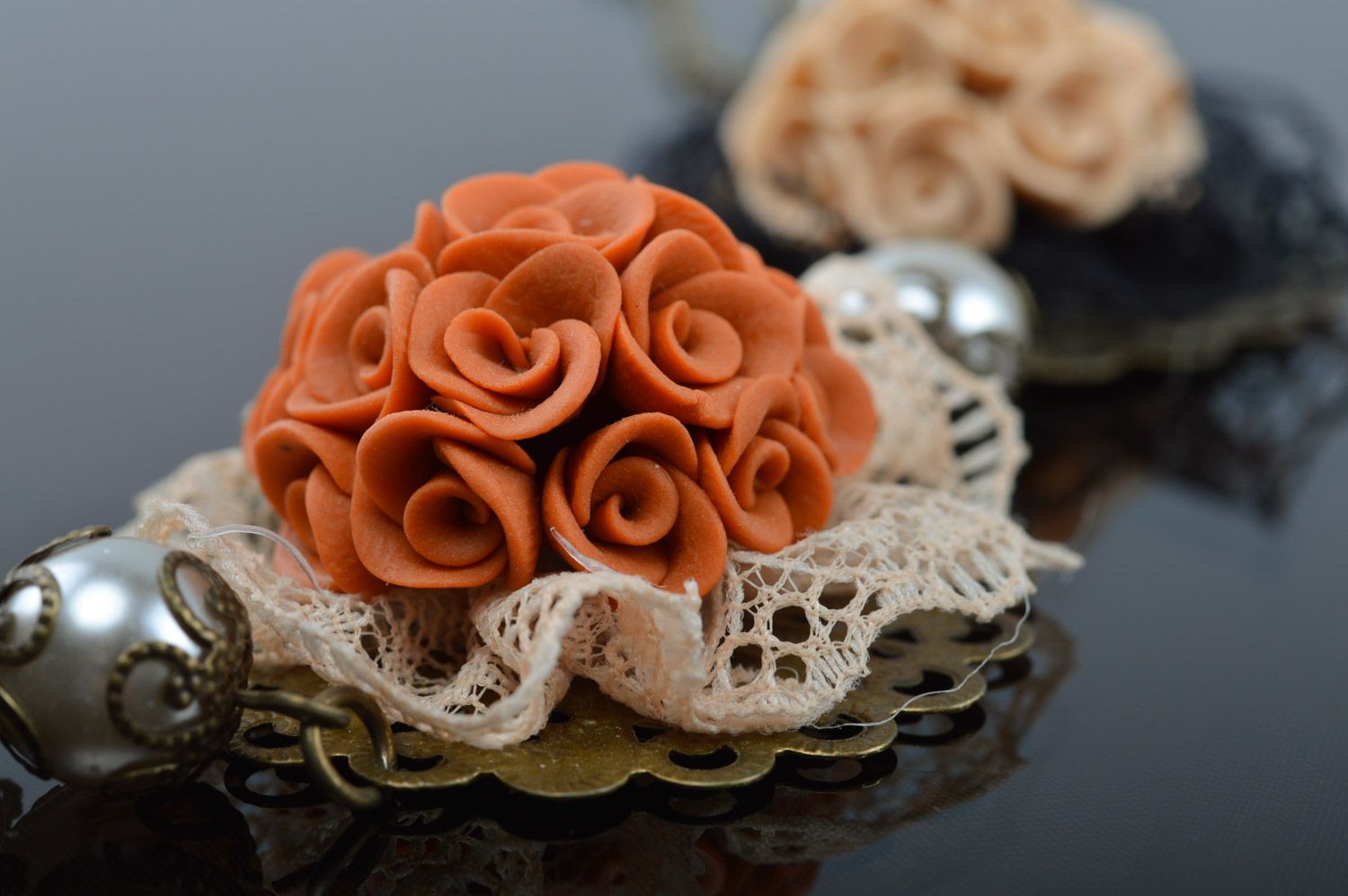 Handmade volume polymer clay flower necklace with lace and beads in antique style photo 3