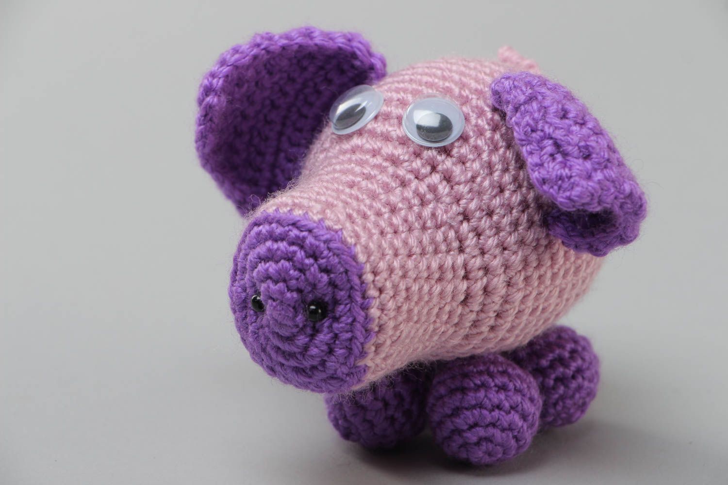 Handmade small soft toy crocheted of acrylic threads of violet color shades Pig photo 2