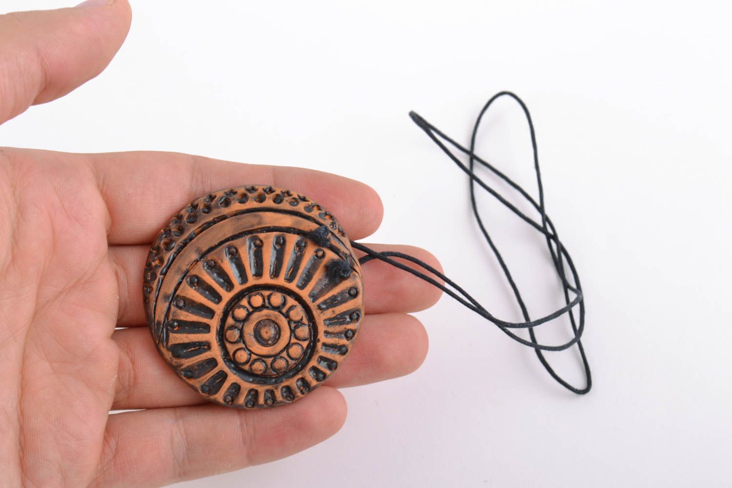 Handmade round pendant made of red clay with patterns painted beautiful accessory photo 2