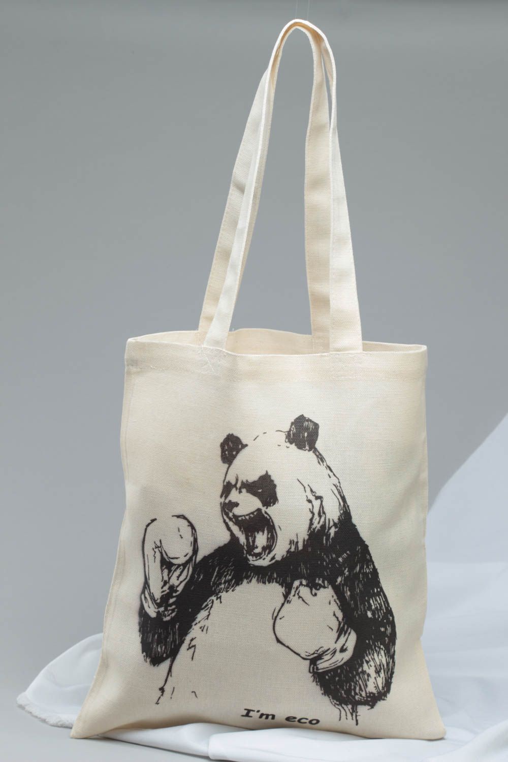 Handmade designer women's bag sewn of cotton fabric with painted boxing panda photo 1