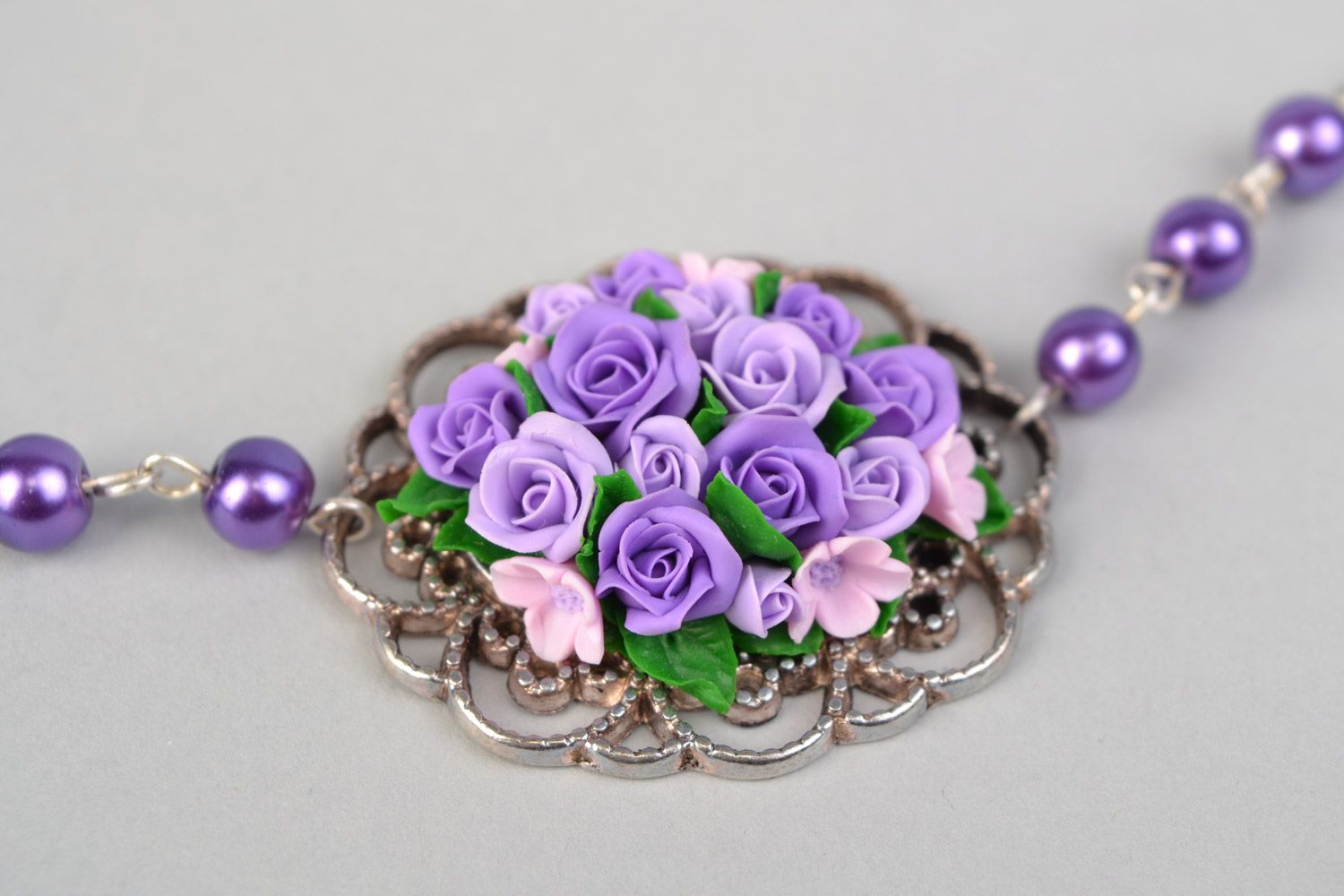 Tender handmade necklace with lilac polymer clay flower for romantic girls photo 3