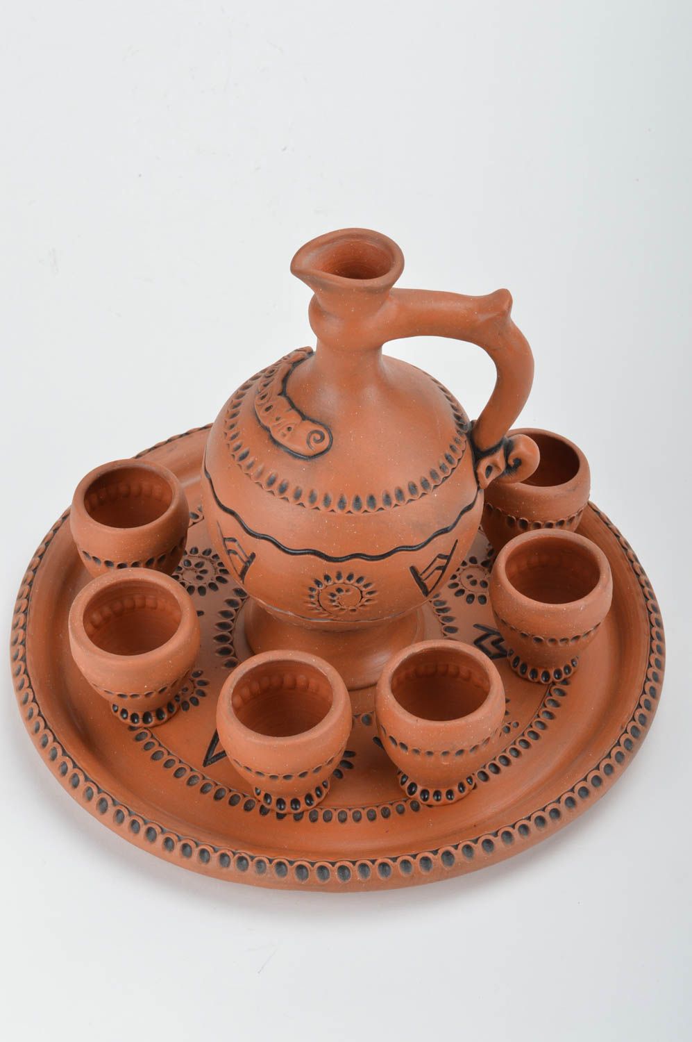Juego de vajilla cerámica jarro de 750 ml 6 copas de 50 ml y bandeja artesanales foto 2