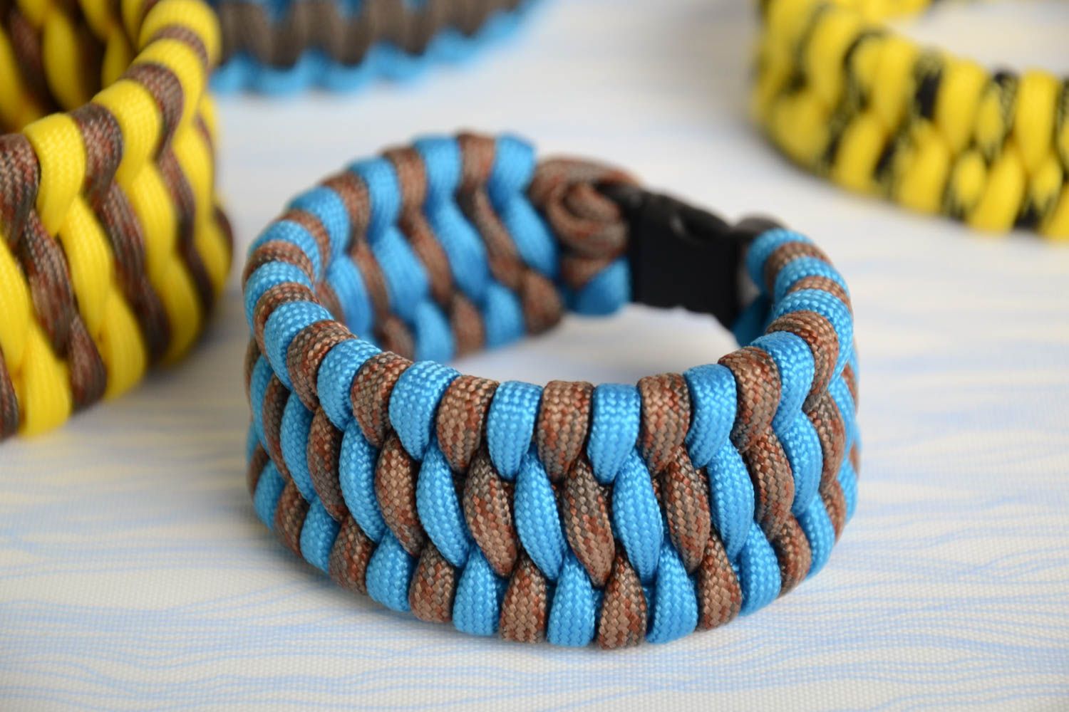 Unusual blue and gray handmade paracord wrist bracelet with fastener photo 1