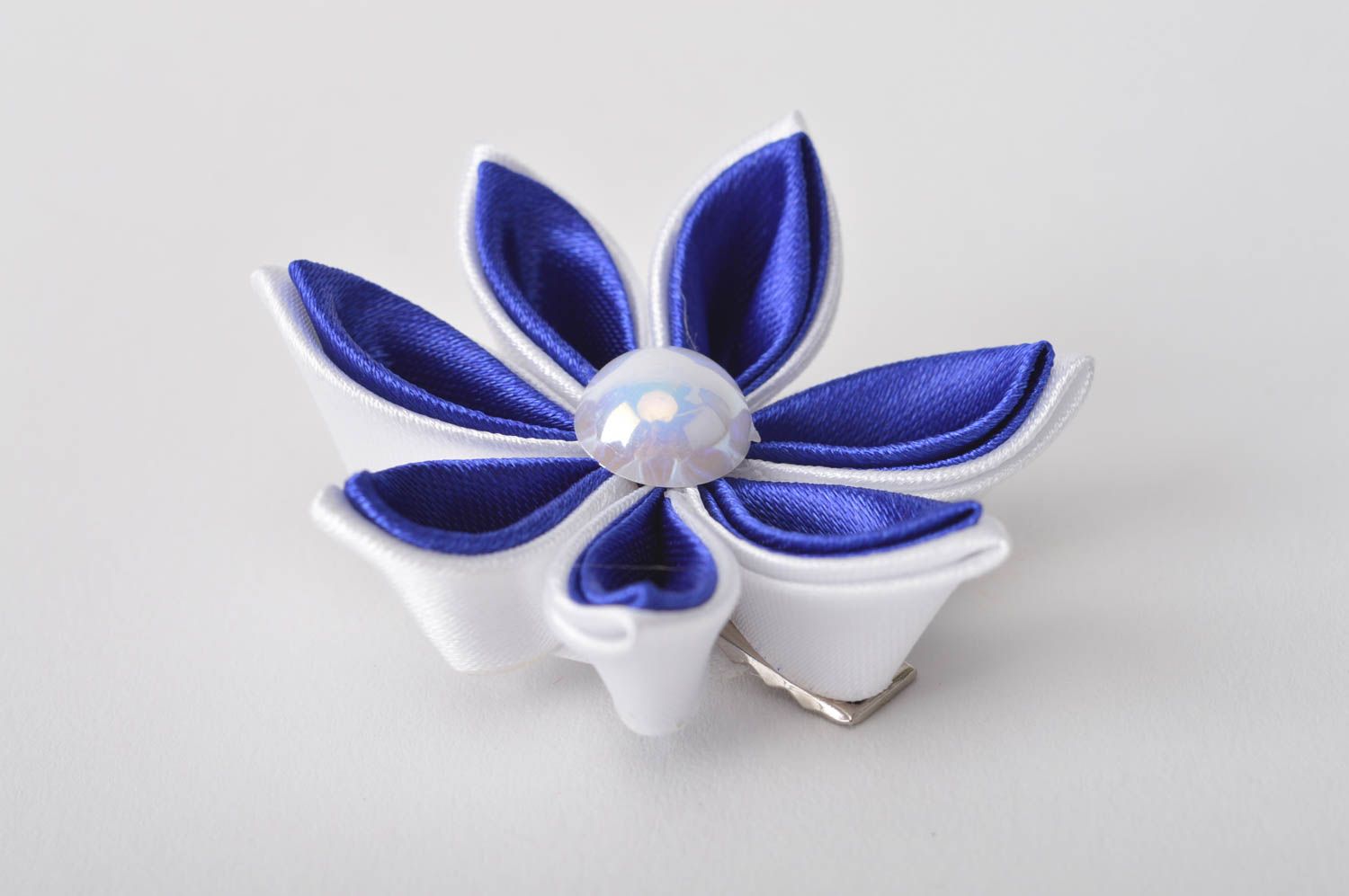 Pince cheveux faite main Barrette fleur kanzashi bleu-blanc Cadeau pour enfant photo 1