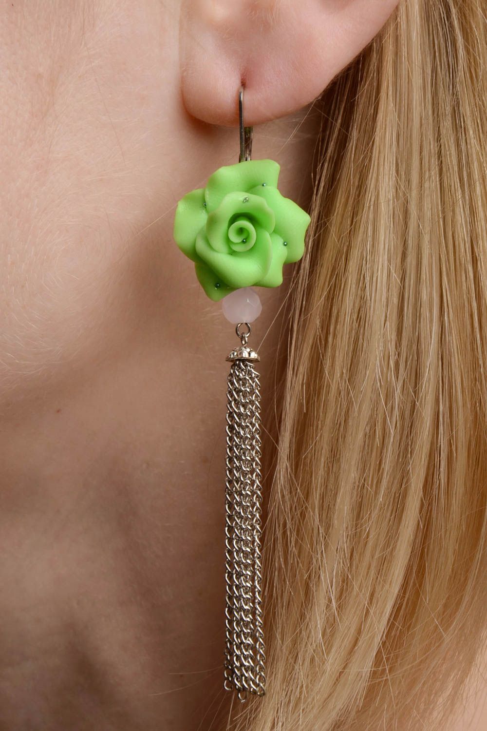 Unusual beautiful handmade women's polymer clay flower earrings Lime Roses photo 2