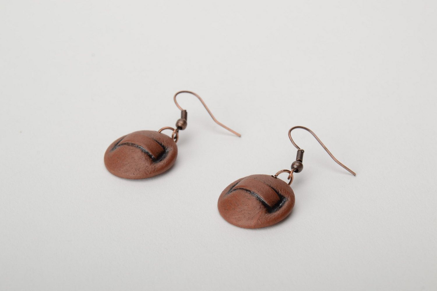 Handmade festive brown ceramic dangle earrings of round shape painted with enamel photo 5